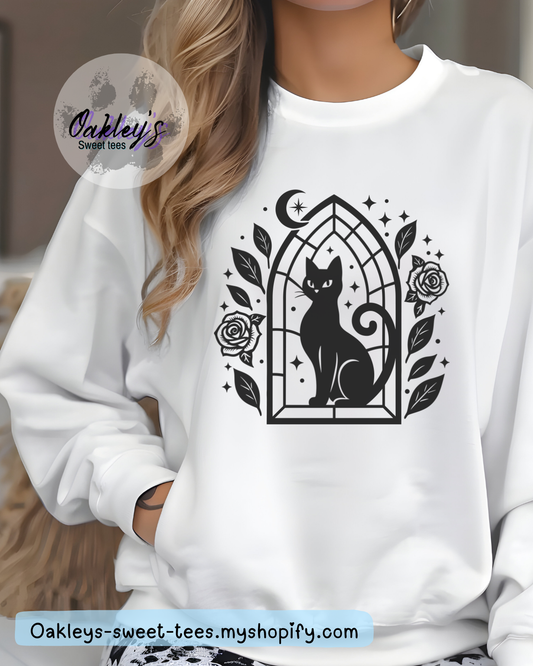 Black cat in window crew neck
