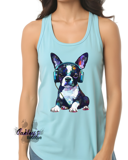 Boston with headphones tank