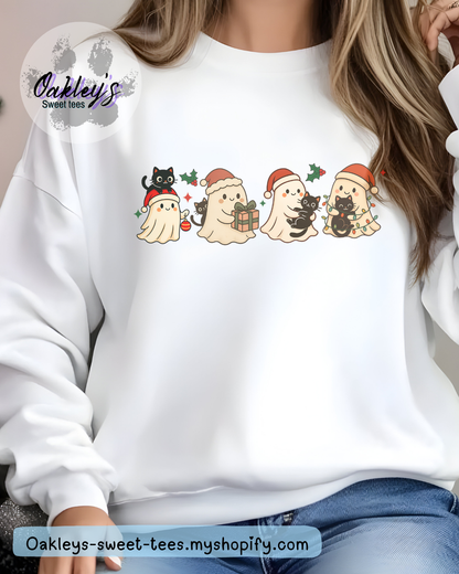 Christmas ghost and cats crew neck