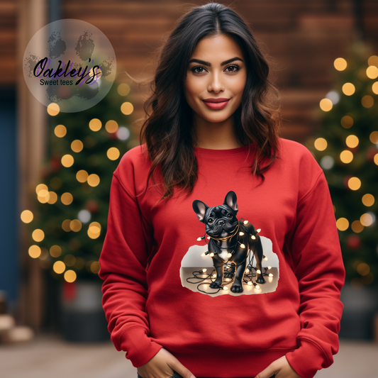 Black Frenchie wrapped in lights  | Crew neck