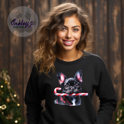 Frenchie with candy cane | Crew neck