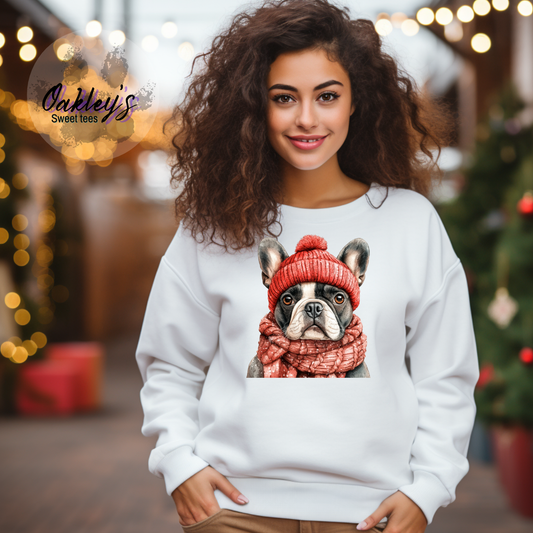 Frenchie in hat and scarf | Crew neck