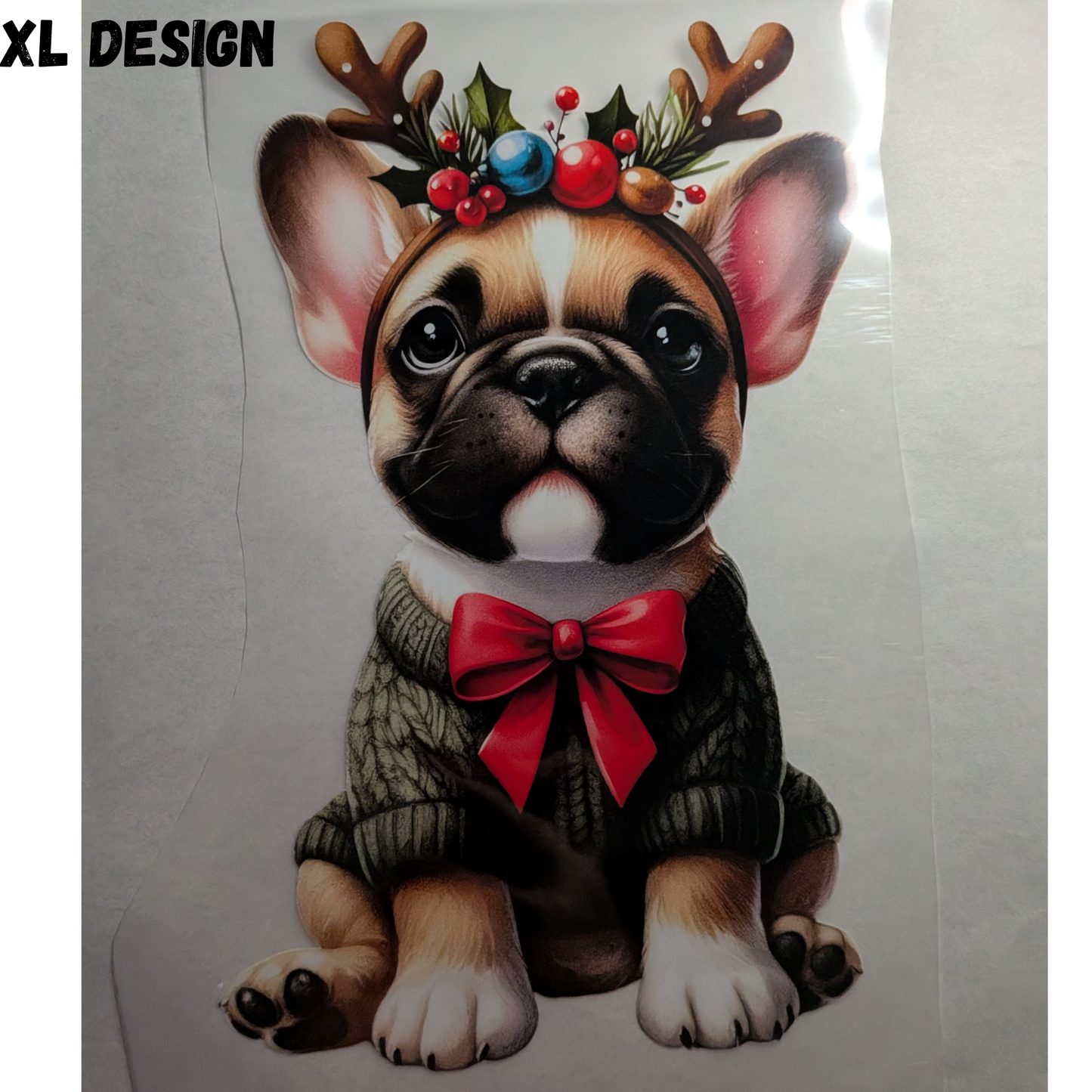 Festive Frenchie with antlers XL : Ready made print T-shirt