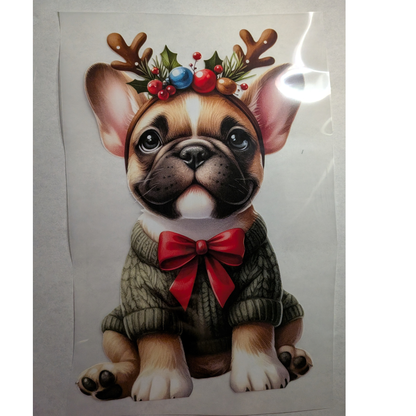 Festive Frenchie with antlers : Ready made print T-shirt