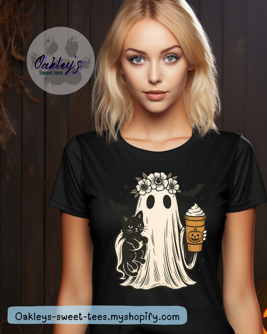Flower crown ghost and cat tee