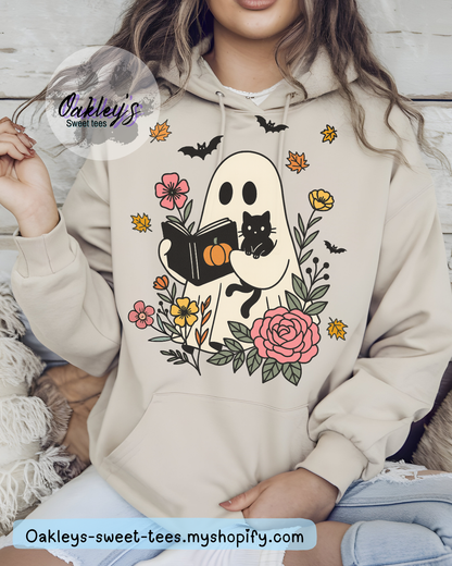 Ghost reading with cat in flowers hoodie