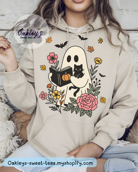 Ghost reading with cat in flowers hoodie