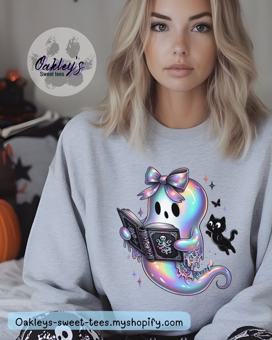 Girly ghost reader with cat crew neck
