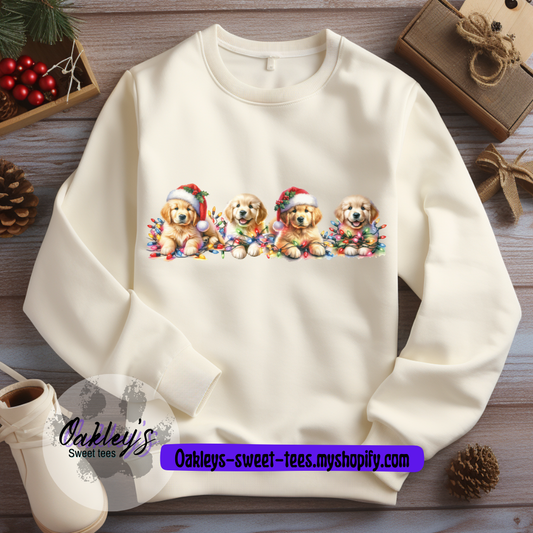 Golden puppies wrapped in lights | Crew neck