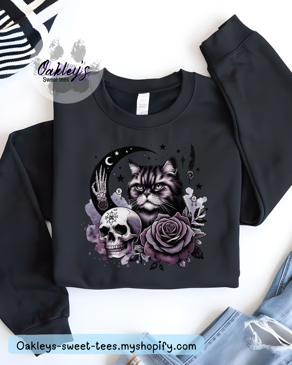 Moon cat with skull crew neck