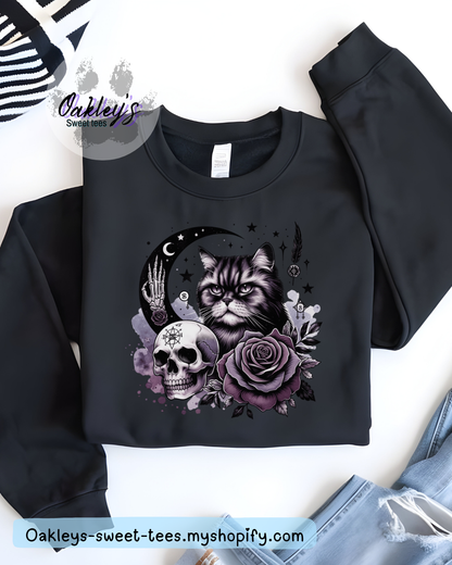 Moon cat with skull crew neck