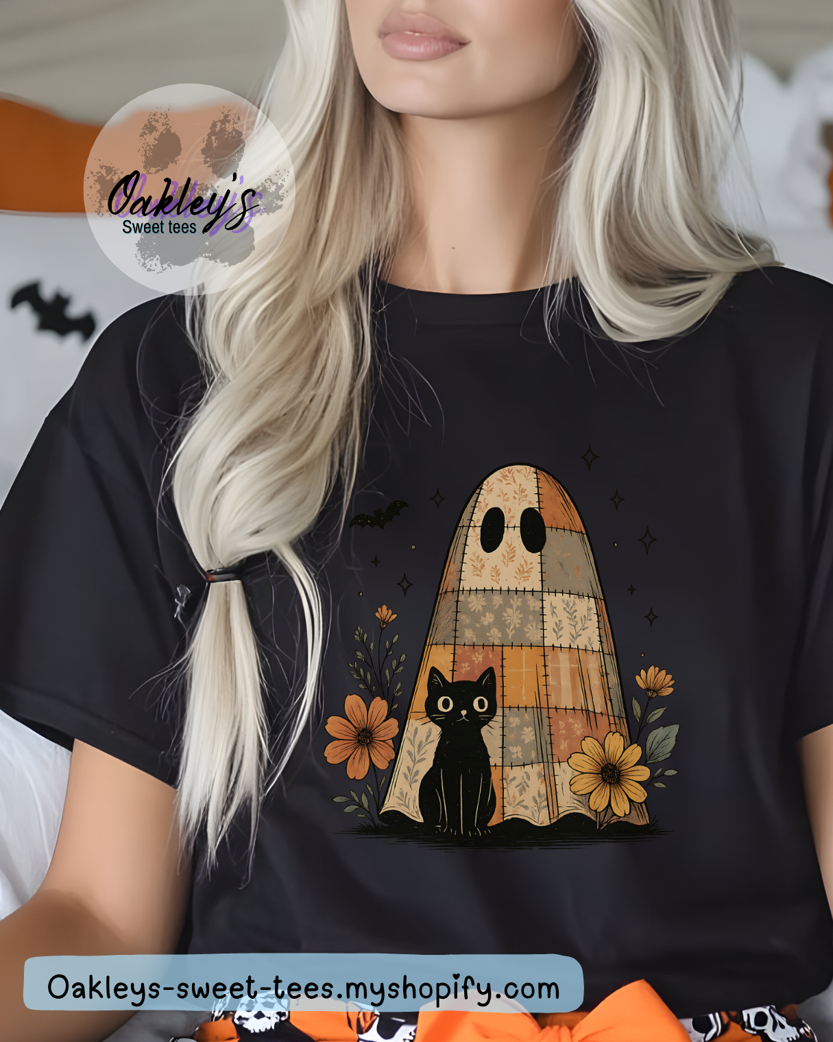 Quilted ghost with cats tee