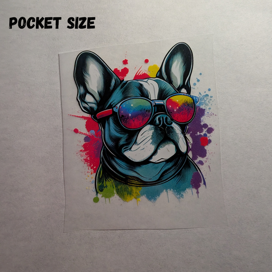 Water color splatter Frenchie : Ready made print T-shirt  Pocket size